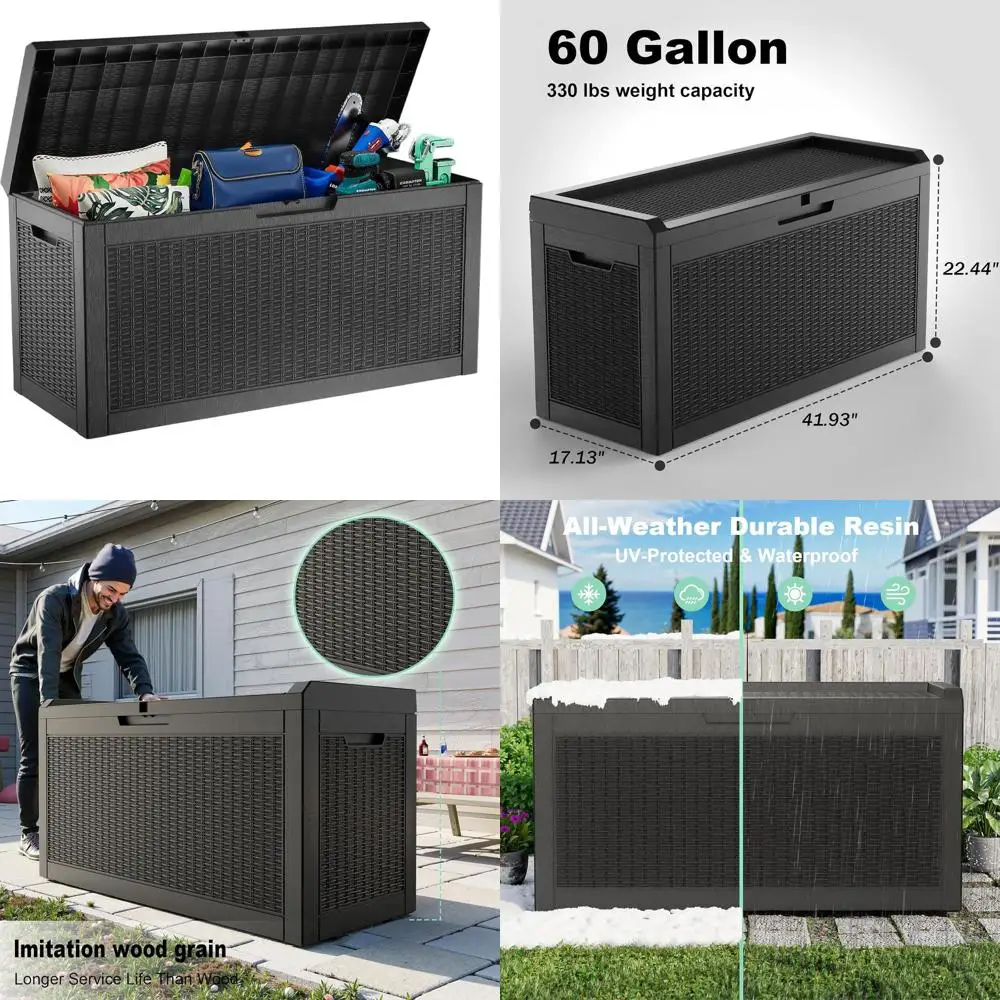

Ящик для хранения из полимерной смолы на 60 галлонов с запирающейся крышкой для хранения уличной мебели, аксессуаров для бассейна и садового инвентаря - черный (черный цвет)