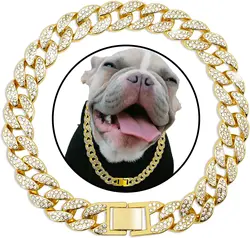 Gold Cuban Link Metal Dog Collar, Cuban Diamond Chain, Pet Collars for Dogs and Cats Jewelry