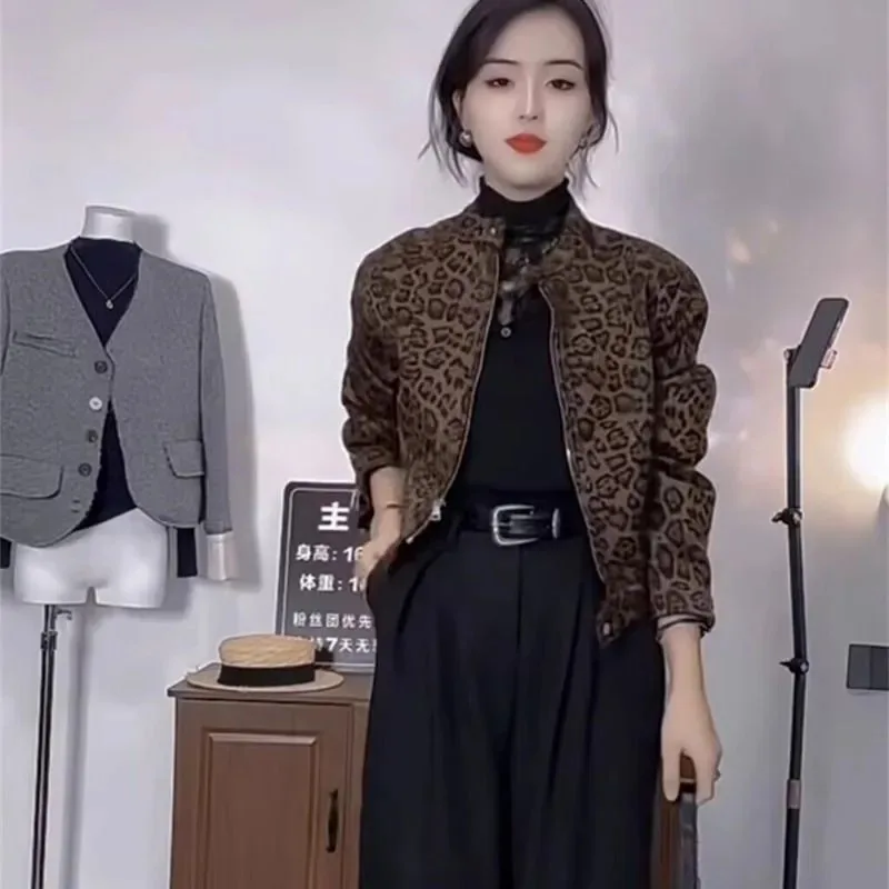 

Модная короткая куртка на молнии в стиле ретро с леопардовым принтом, повседневный топ