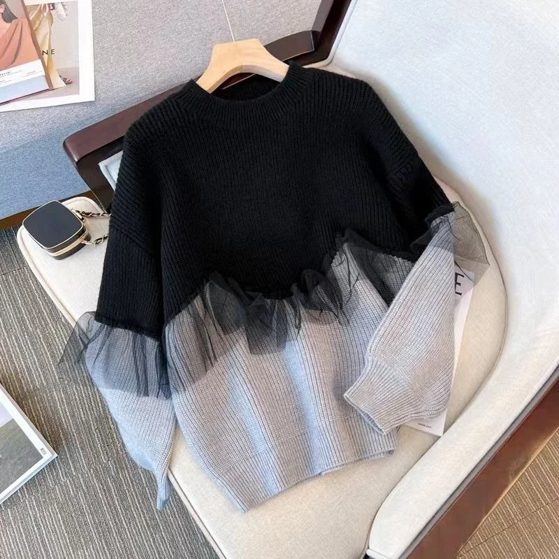 Neploe Oversize Long Sleeve  Sweaters 2024 Autumn New Loose Mesh Patchwork Pullovers Y2k Long Sleeve Knitted Tops Women