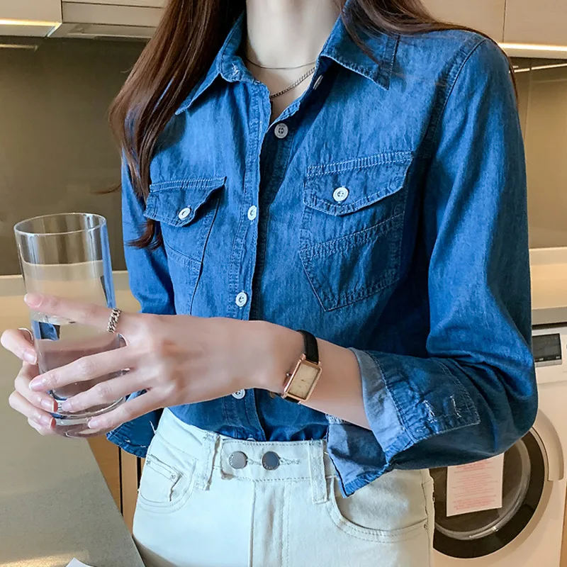 #3115 Spring Denim Shirt Women Slim Fit Casual Office Jeans Shirt Long Sleeve Womens Tops And Blouses Blue Cotton Thin Vintage