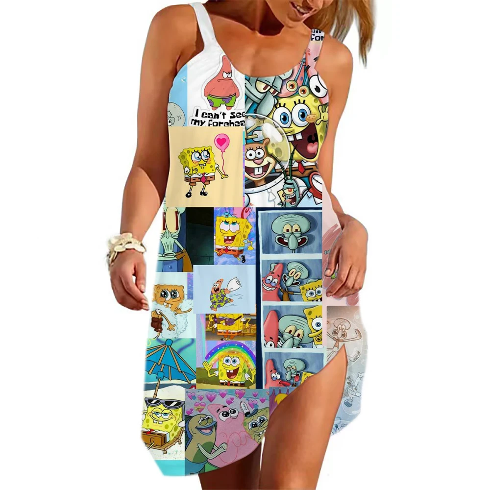 Summer casual 3D Spongebob cartoon beach suspender dress loose round neck comfortable casual dress sexy suspender dress