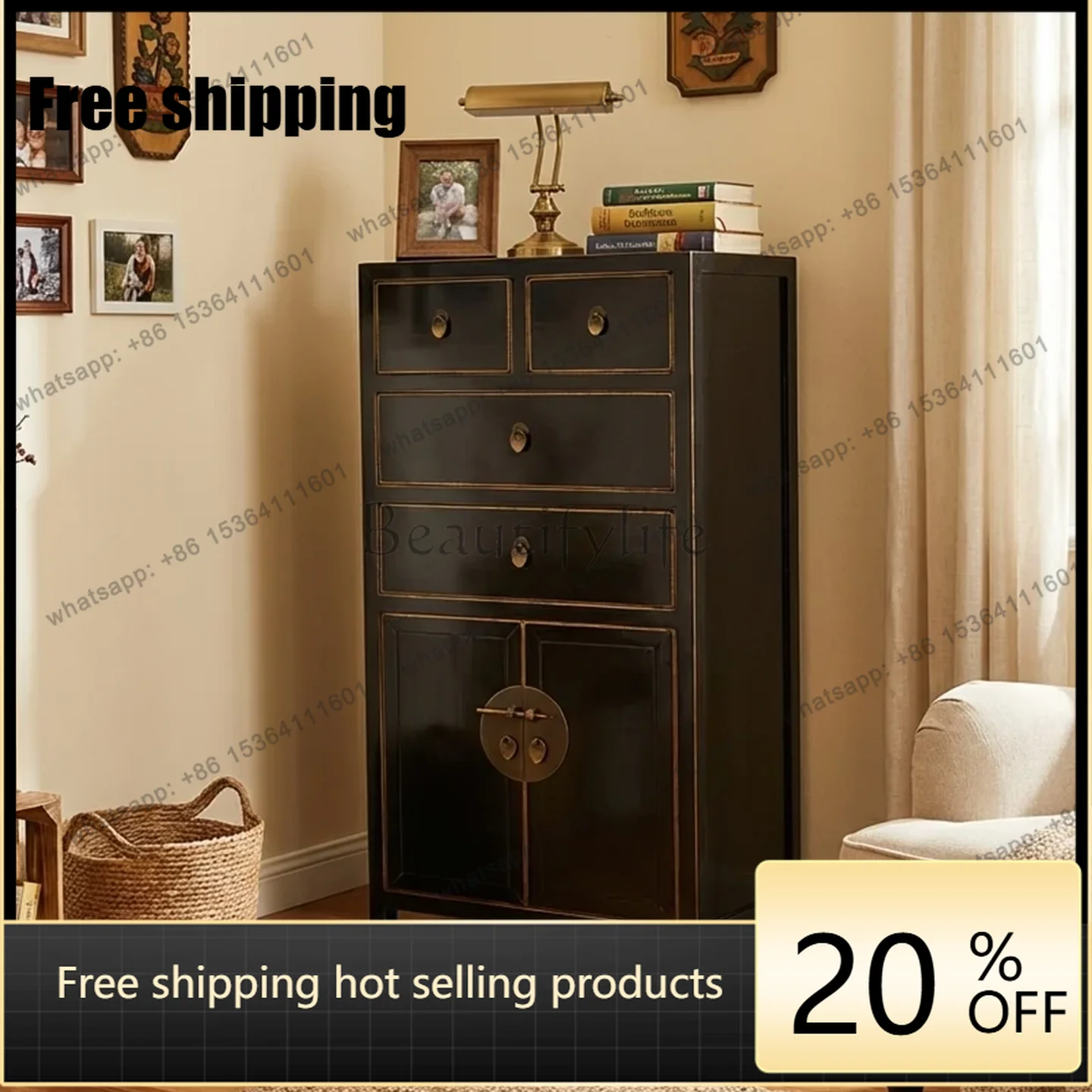 New Chinese solid wood black four-drawer locker living room large-capacity storage cabinet