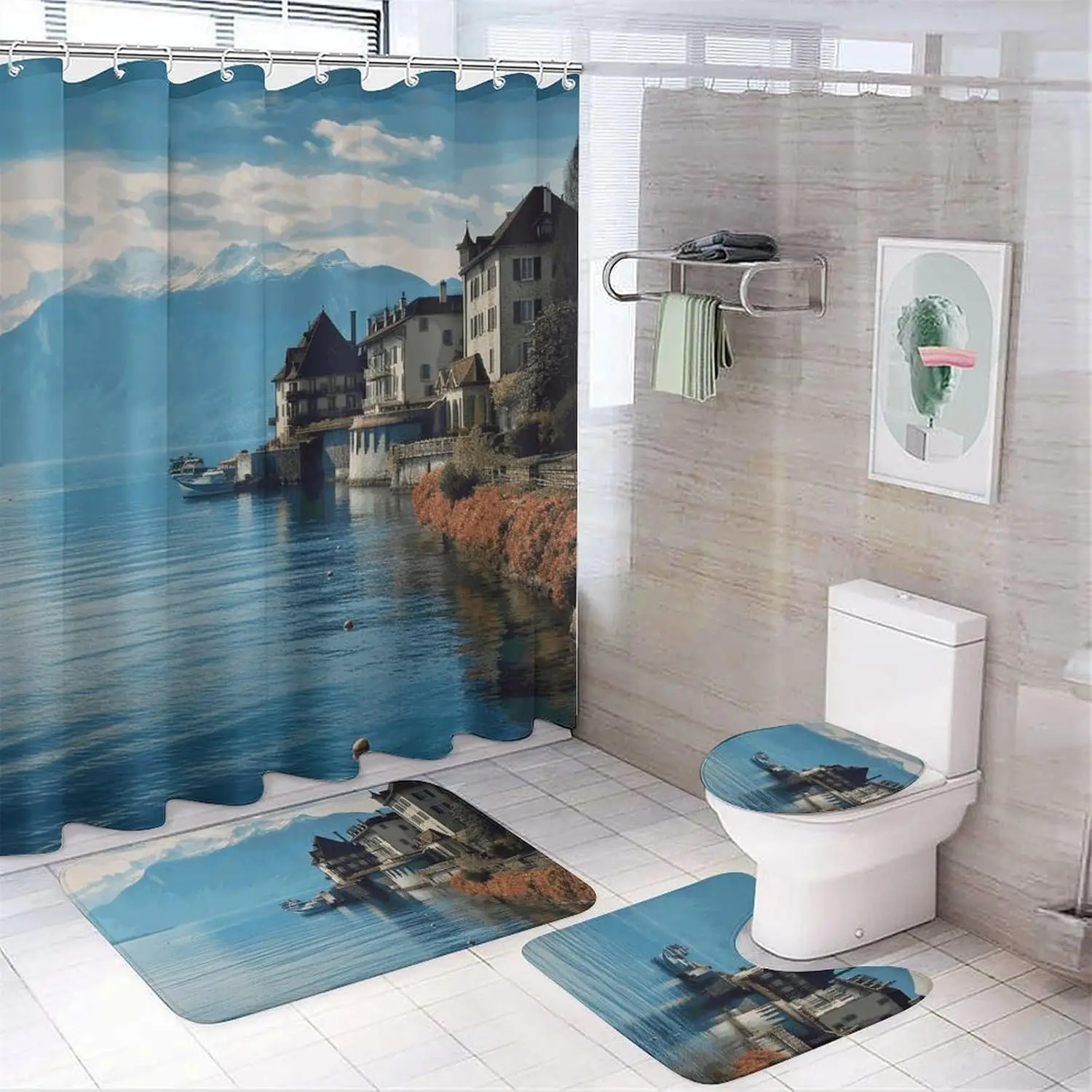 

Lake Geneva Switzerland Shower Curtains Set 4 Piece with Non-Slip Rugs, Toilet Lid Cover and Bath Mat Soft Bathroom Carpet Water