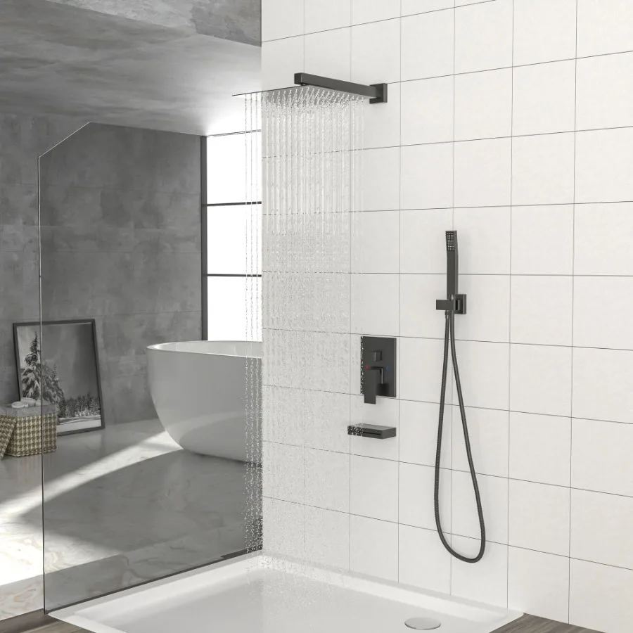 

Shower System with Waterfall Tub Spout 12 Inch Wall Mounted Square Shower System with Roughin Valve Matte black