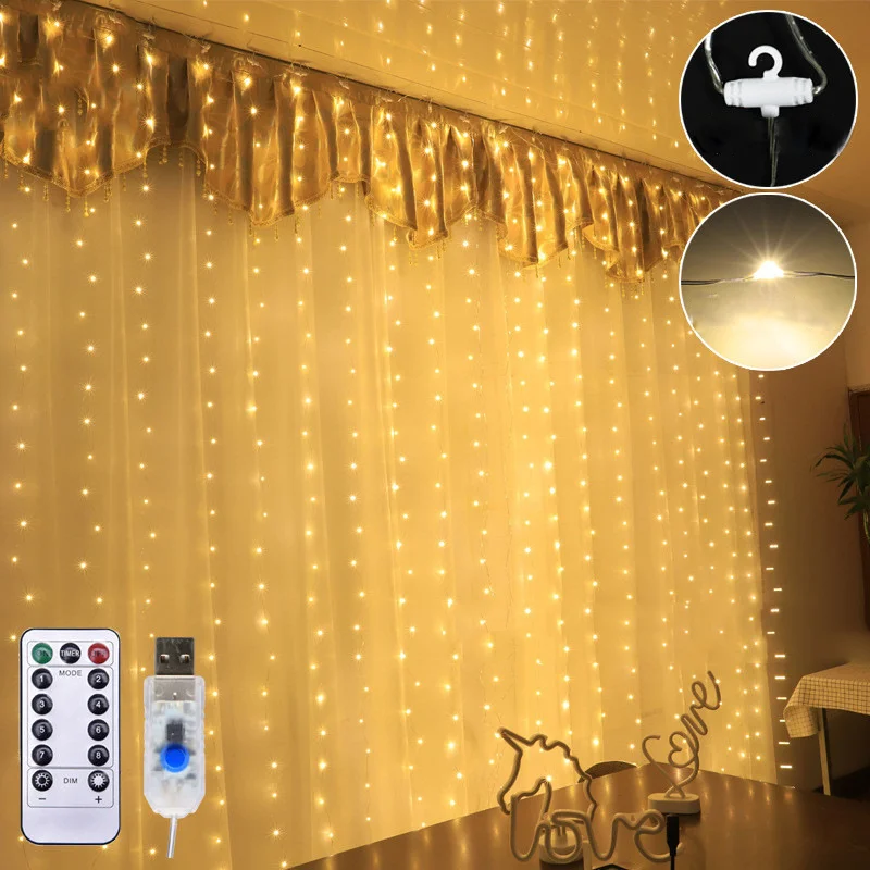 

3X1m / 3X3m LED Curtain String Light USB Powered 8 Mode Copper Wire Light Bedroom Wedding Party Decor Fairy Garland Light