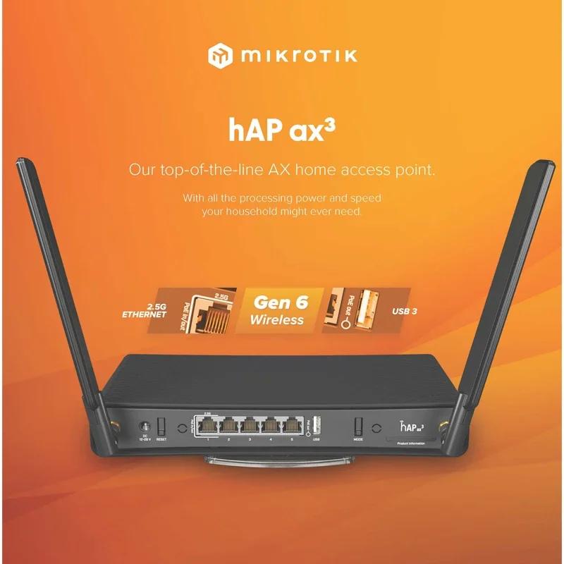 MikroTik C53UiG+5HPaxD2HPaxD HAP AX3 AX1800 Gigabit 802.11AX WiFi 6 Wireless Dual Band Wi-Fi ROS Router 4x1Gbps 1x2.5Gbps Ports