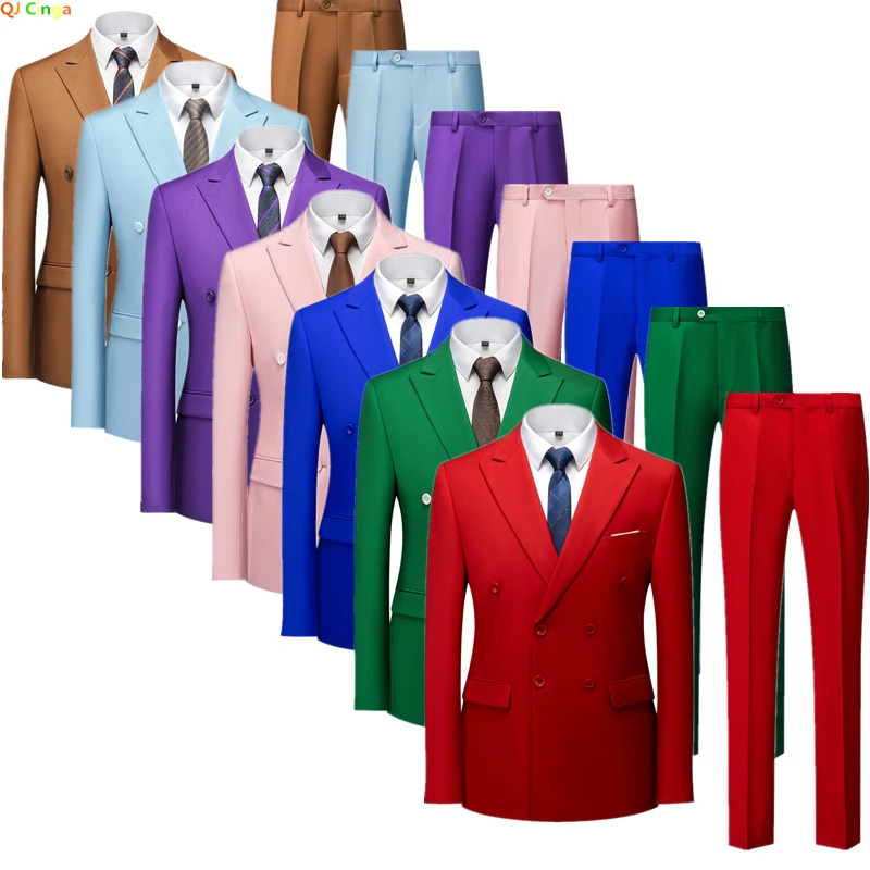 

16 Colors Double-breasted Suit Two-piece Men's Fashion Slim Dress Jacket with Pants Wedding, Business Men Sets Red Blue Green