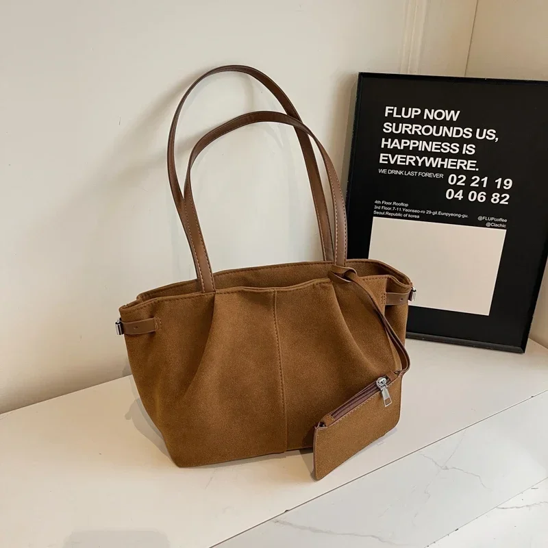 Velvet Zipper 2024 High Quality Shoulder Bag Solid Color Baoding Fashion Handbag Simple Large Capacity Popular Soft Tote Bag