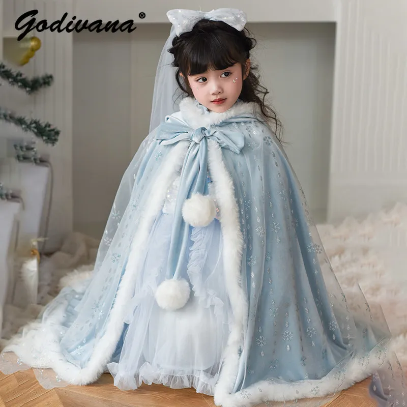 Original Authentic Baby Girls Spring High End Elegant Cape Cloak Kids Thickened Mesh Sequin Hooded Windproof Outerwear Cape