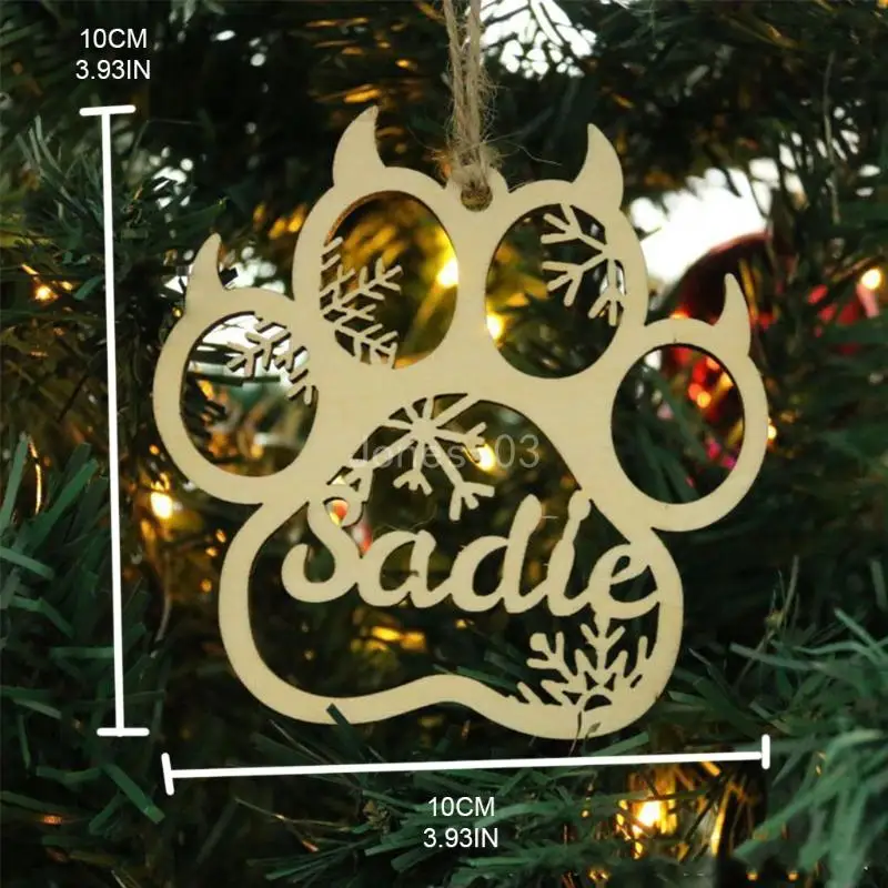 Q6PE Pet Christmas Ornament Engraved Hanging Pendant Dog for Cat Pawprint with Name Xmas Tree Decors Gift for