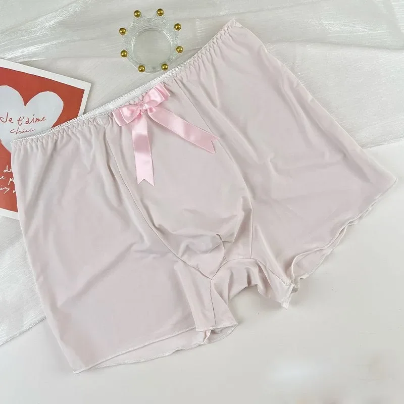 Slip boxer da uomo in seta di ghiaccio morbido con papillon rosa Sissy Mutandine a vita bassa Spettacolo dal vivo Costumi sexy da ballo Costumi sexy per feste BF