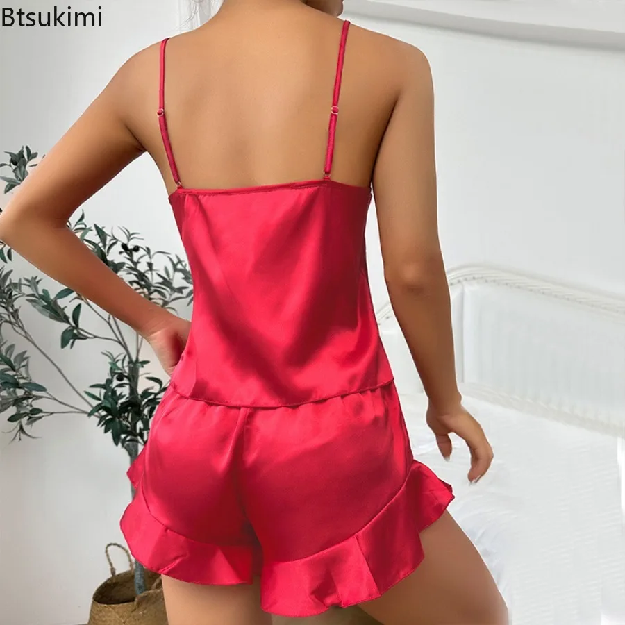 New 2025 Women's Home Three Piece Set V-Neck Spaghetti StrapTops Drawstring Short Cami Set Tied Detail Open Front Robes Ladies