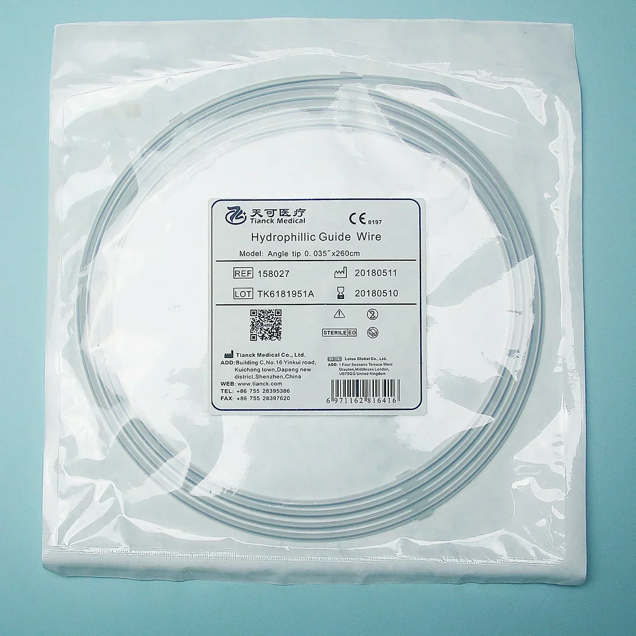 Tianck Angiography guidewire 260cm medical disposable hydrophilic coated guide wire