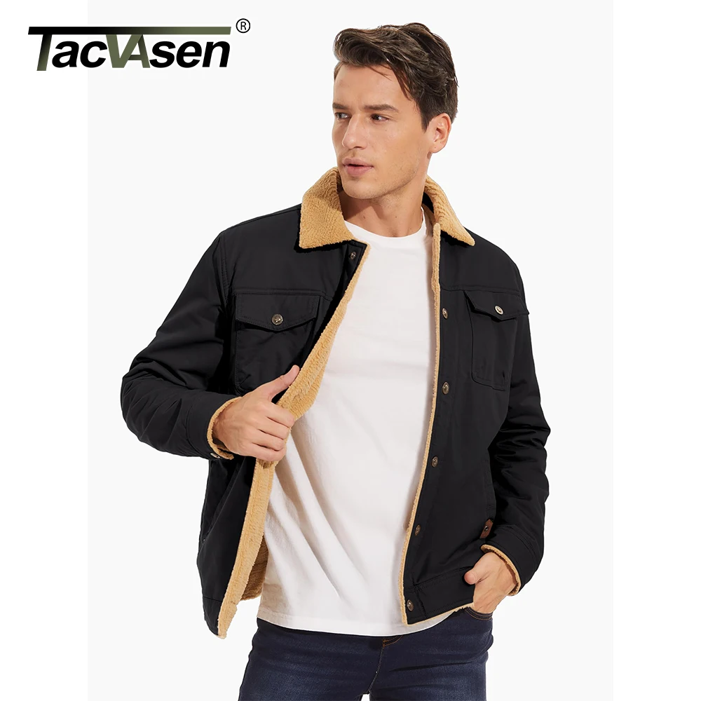 TACVASEN Men\'s Winter Sherpa Fleece Lined Jacket Turn-down Collar Working Cargo Trucker Jacket Multi-pockets Soft Warm Coat