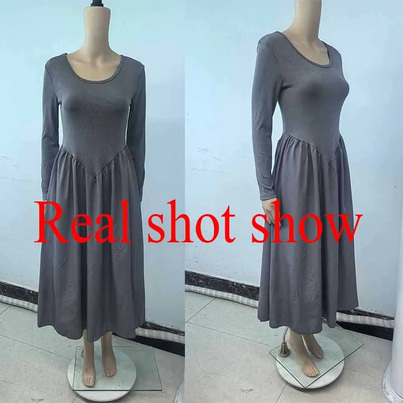 الكورية الخصر النحيف فساتين طويلة للنساء النمط الفرنسي المرقعة فستان بكم طويل امرأة أنيقة بسيطة س الرقبة ألف خط فستان ميدي #6