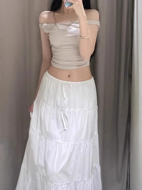 Spring Summer 2025 Women's White Puffy Cake Skirt Long Layered Splicing Skirts High Waist Cotton Baking Dres