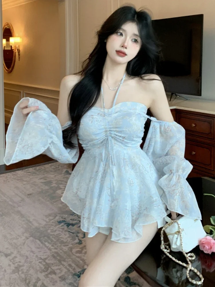 Blouses Women Flowers Creativity Elegant Halter Lovely Hotsweet Charming Prevalent Ladies All-match Vacation Korean Style Casual