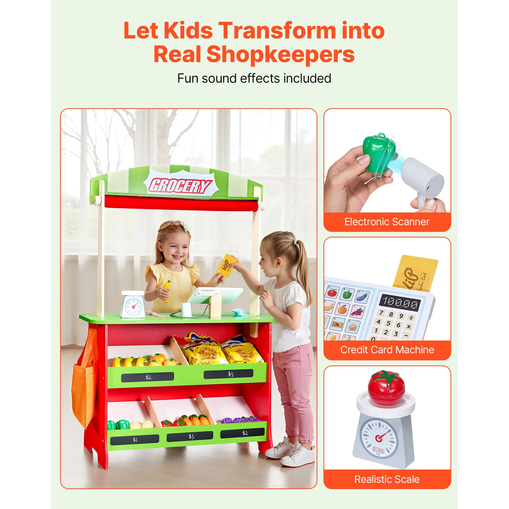 SucceBuy 2-in-1 Kids Wooden Puppet Theater Grocery Store with Curtains Reversible Play Store Playset Toys for Children Gifts