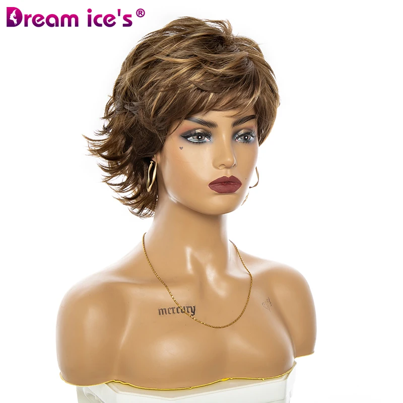 Short Gray Brown Pixie Cut Synthetic Wig With Bangs For Women Natural Straight Wave Glueless Hair Daily Cosplay Wigs Dream ice\'s