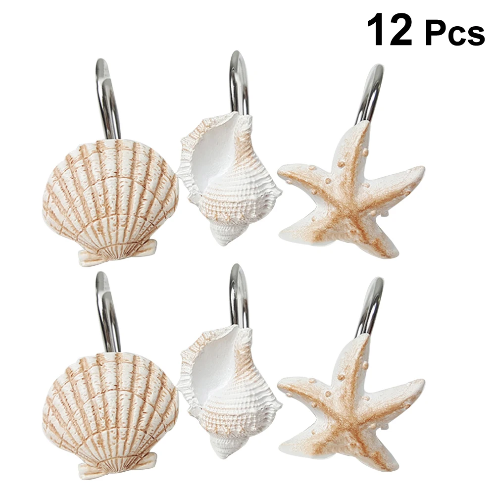 

12pcs Conch Shell Hooks Decorative Shower Curtain Rings Resin Finish Anti Shower Curtain Hooks Rust Home Accessories