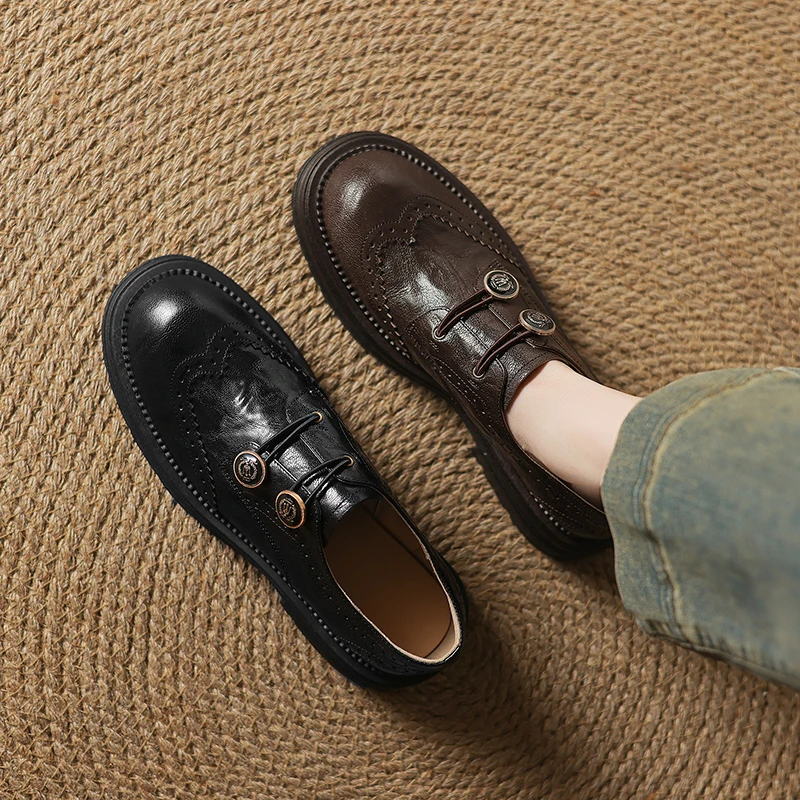 

Loafers Women Genuine Leather Round Toe Platform Brogue Metal Buckle Vintage Versatile Oxford Shoes