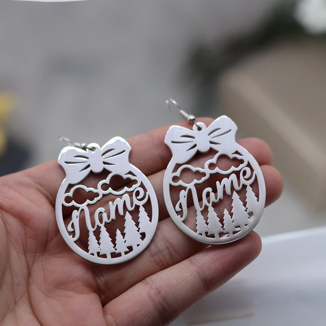 QIAMNI Christmas Tree Customized Name Drop Earrings Party Holiday New Year Custom Cloud Bow Letter Piercing Ear Jewelry Gift