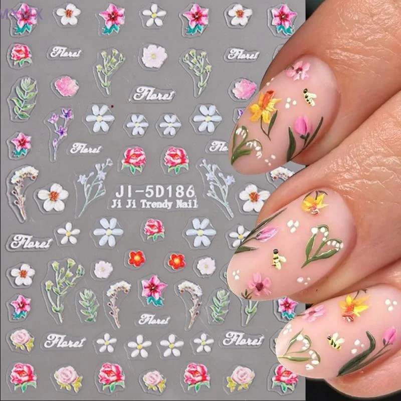 5D レリーフカラフルなワイルドフラワーネイルアートステッカーチューリップラベンダーコスモス花自己粘着ステッカー DIY マニキュアデカール