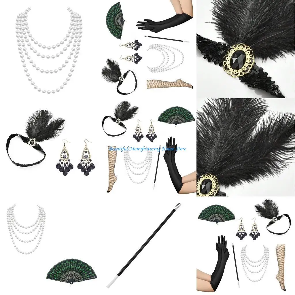 

E56A Costume Accessory 1920s Dress Up with Headband, Elegant Satins Gloves