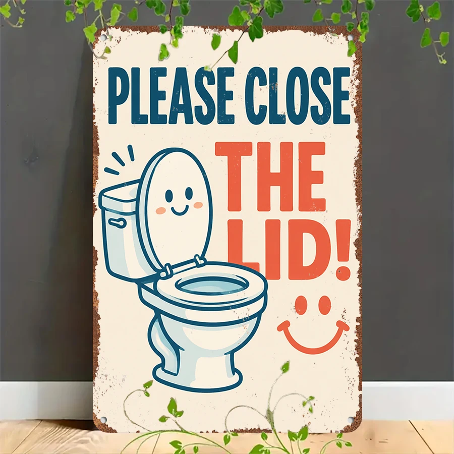 2D flat retro metal tin plate, Retro "Please Close The Lid" Bathroom Tin Sign, Suitable for home, garage, café, bar and garden decoration
