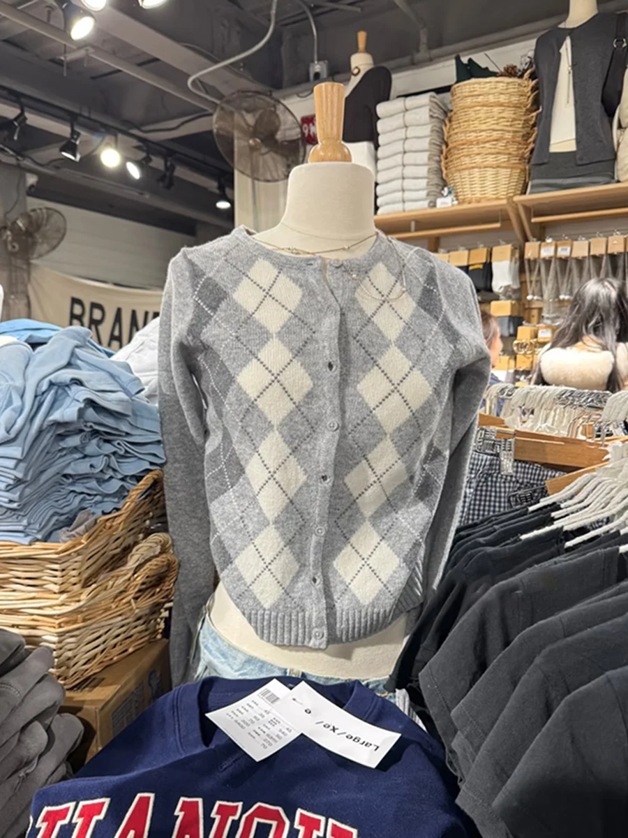 

Gray Argyle Sweater Cardigan Woman V-neck Long Sleeve Single Breasted Slim Sweaters Spring Vintage Preppy Style Knitwear Tops