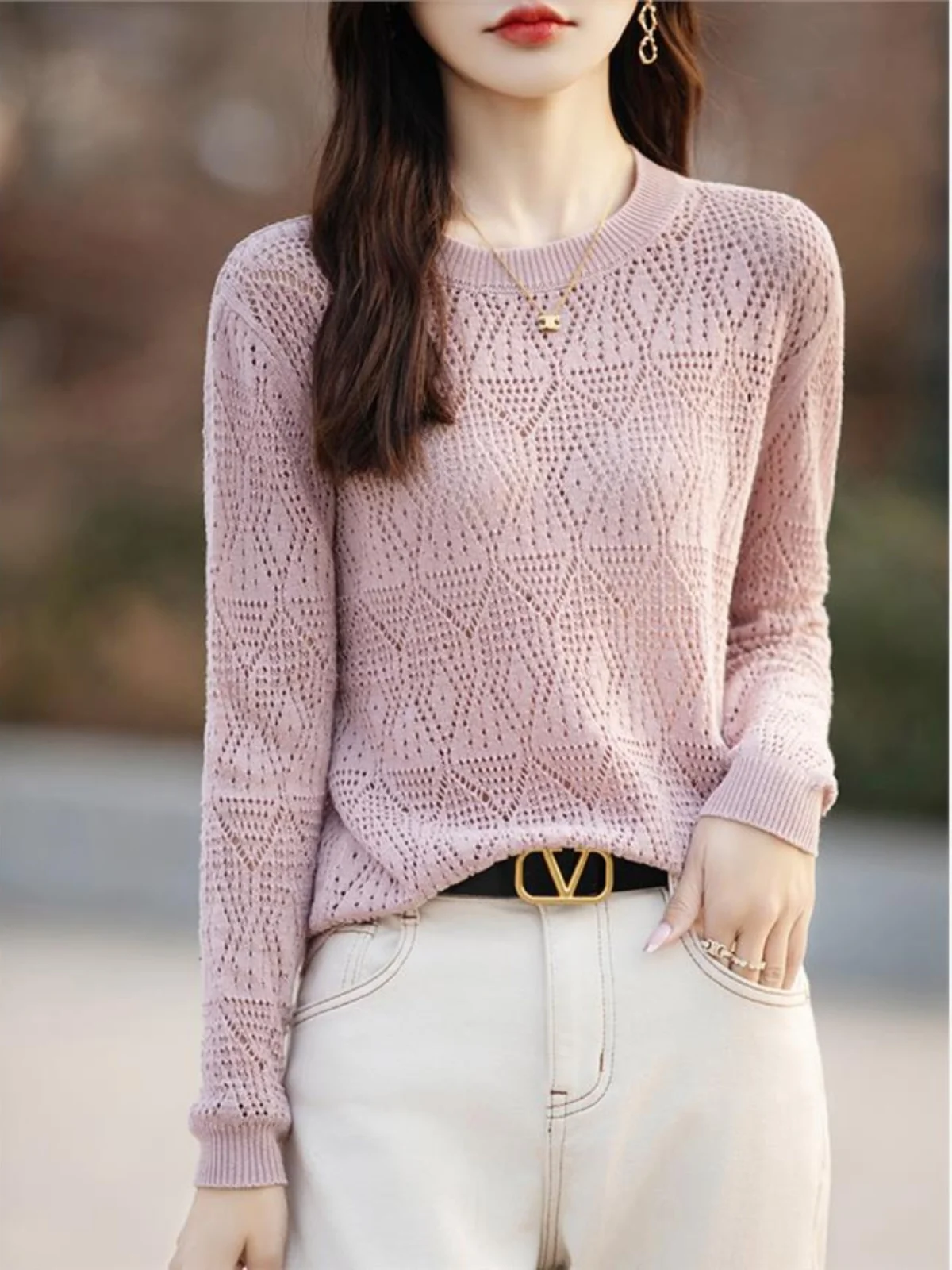 

Женская трикотажная базовая кофта с длинным рукавом и круглым вырезом, ажурная, из хлопка, для кондиционированных помещений, весна-лето, без рукавов, вязаная.