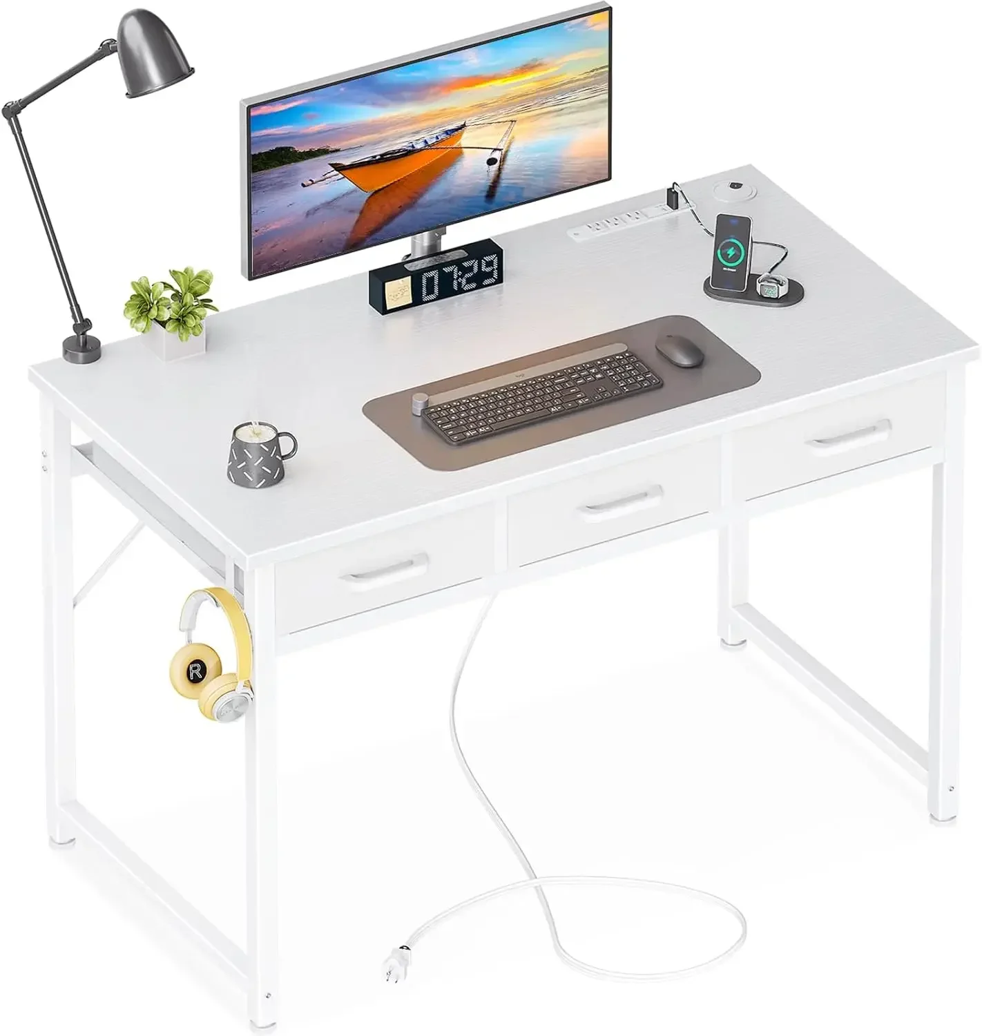 

40 Inch Small Computer Desk with 3 Fabric Drawers, Office Desk , Study/Writing/Work Table for Bedroom, White