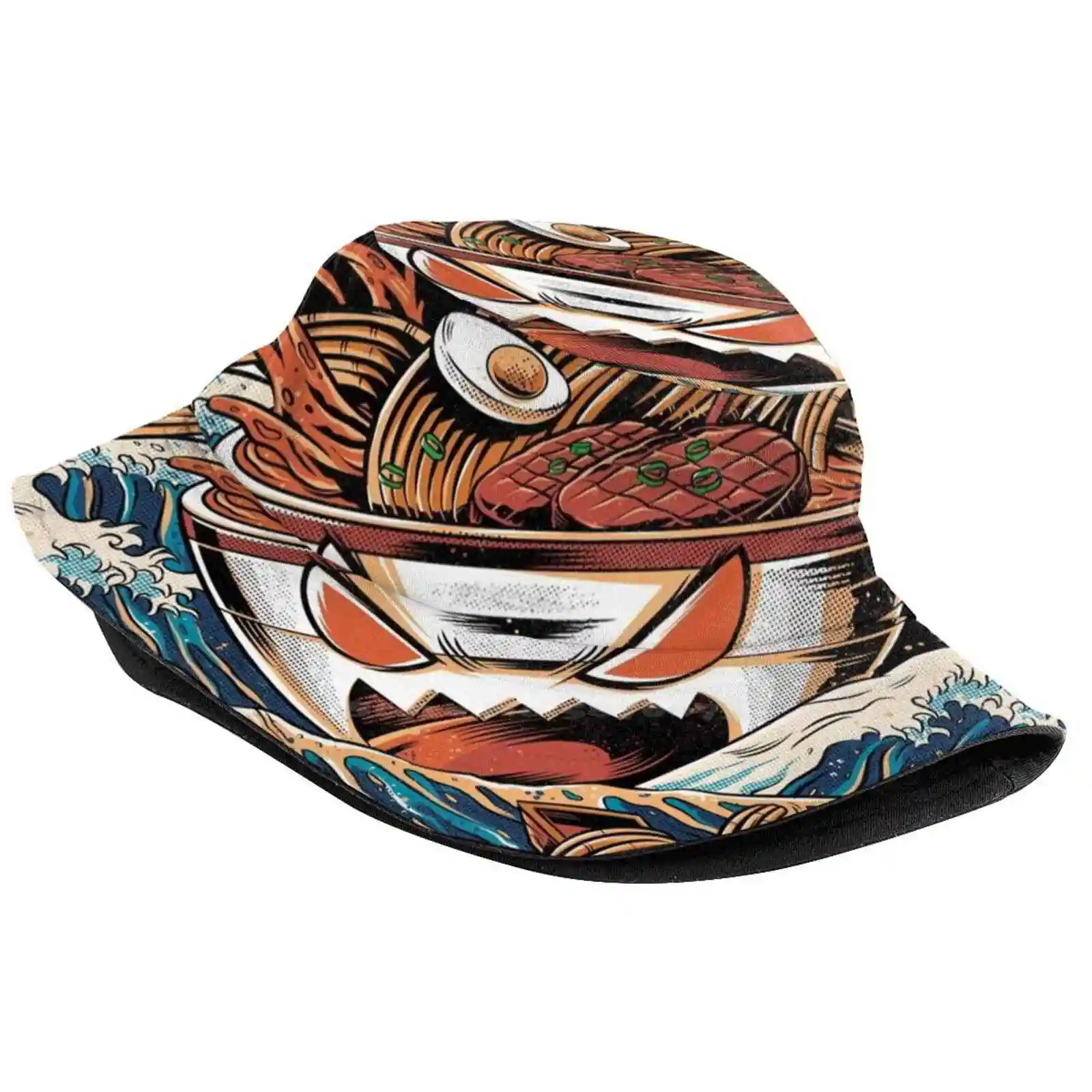 The Black Great Ramen Uv Protection Foldable Bucket Hats Women Men Great Wave Off Kanagawa Kaiju Japanese Food Japanese Art