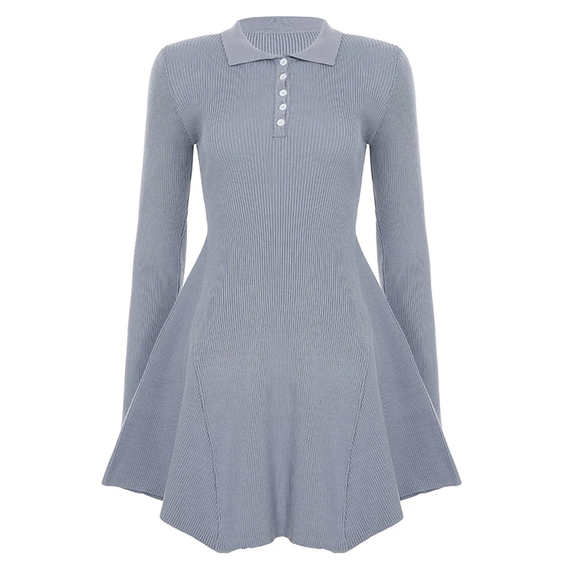 

BKLD элегантное темпераментное осенне-зимнее плиссированное платье-поло на пуговицах, вязаное облегающее платье в рубчик с длинными рукавами и высокой талией, повседневные короткие платья