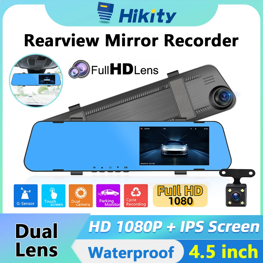 Hikity 4.5“ Car Rearview Mirror Recorder Full HD 1080p Rearview Mirror Automobile Dash Cam Dual lens Video Recorder DVR CAM