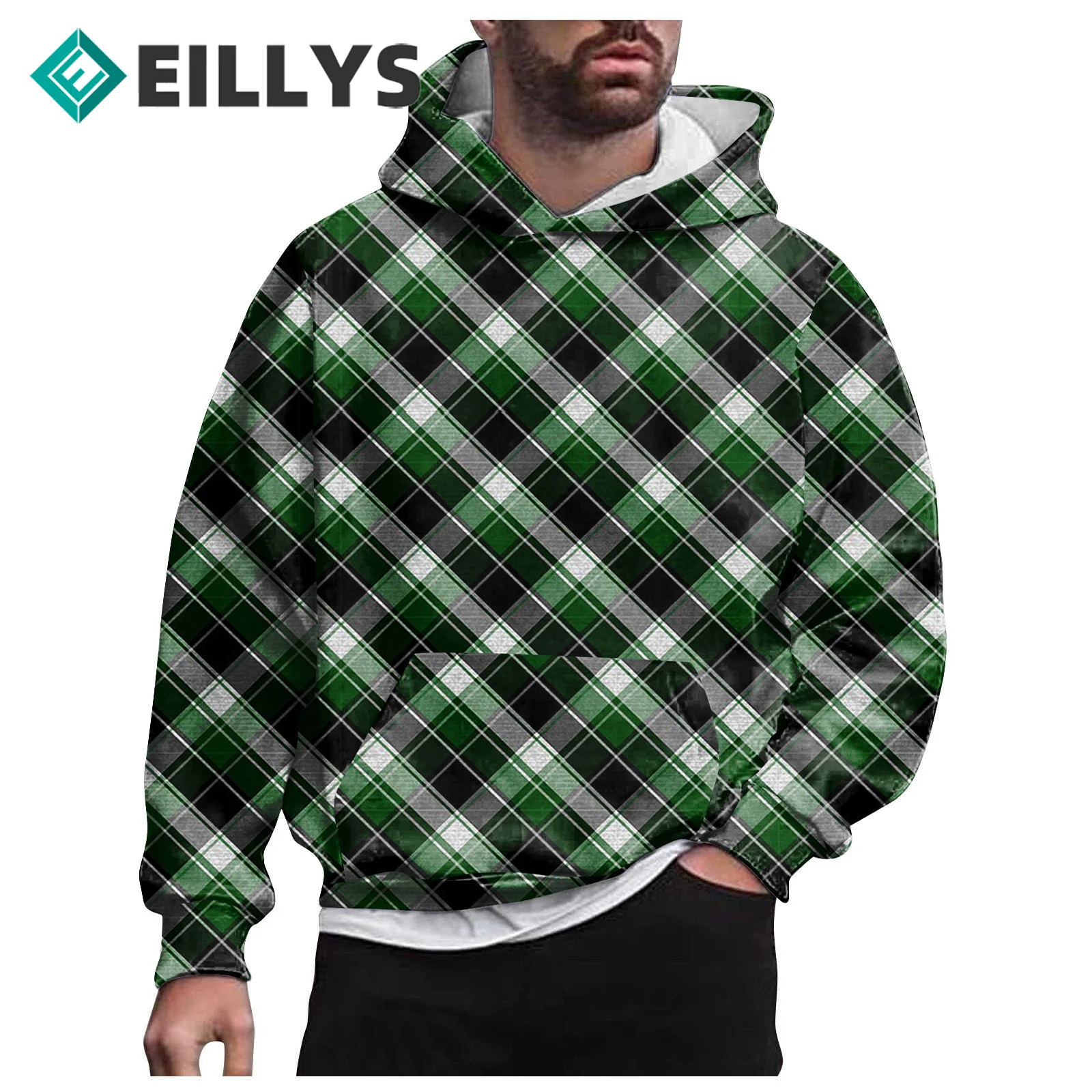 

Men Clothes Christmas Hoodies Green Red Black Plaid Printed Casual Sweatshirt Men Sweatshirts Plaid Print Hoodies 2022 Fashion