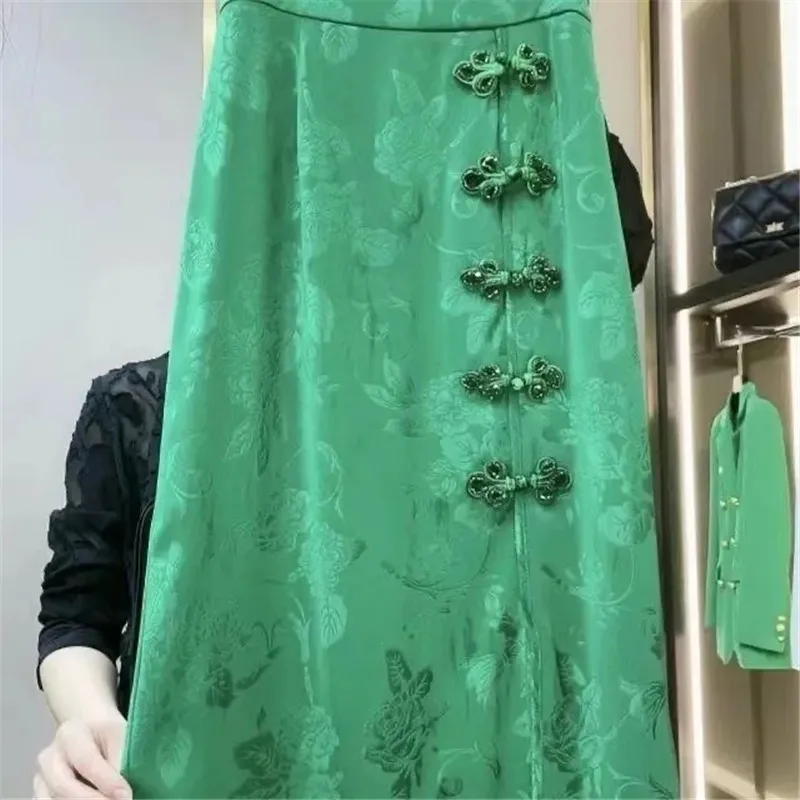 Jupe mi-longue vintage de style chinois pour femmes, mode printemps été, jupes élégantes, taille haute, fente latérale, vêtements pour femmes, vert,