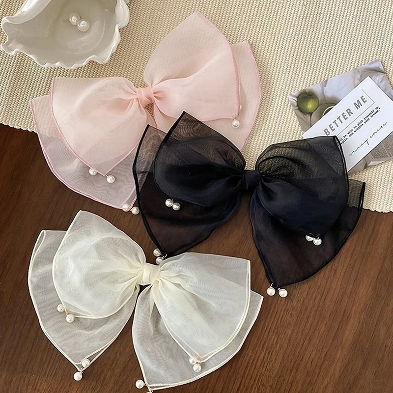 

Korean Style Women Pearls Bow Layer HairBands Silk Mesh HairRope Dot Hair Scrunchie Hair Accessories Net Yarn HairTie Bands