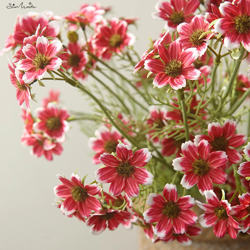 SunMade New Real Touch Daisy Branch with Green Leaves Fake Flowers Living Room Decoration Wedding Table Decor Flores Artificales