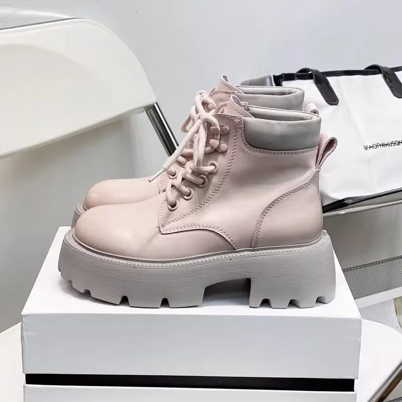 Autumn Platform Shoes for Women 2023 Fashion Lace Up Leather Chunky Heel Women's Ankle Boots British Increased Botas De Mujer