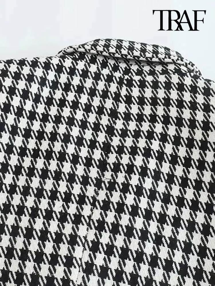 TRAF Women Fashion Double Breasted Houndstooth Blazer Coat Vintage Long Sleeve Flap Pockets Female Outerwear Chic Vestes