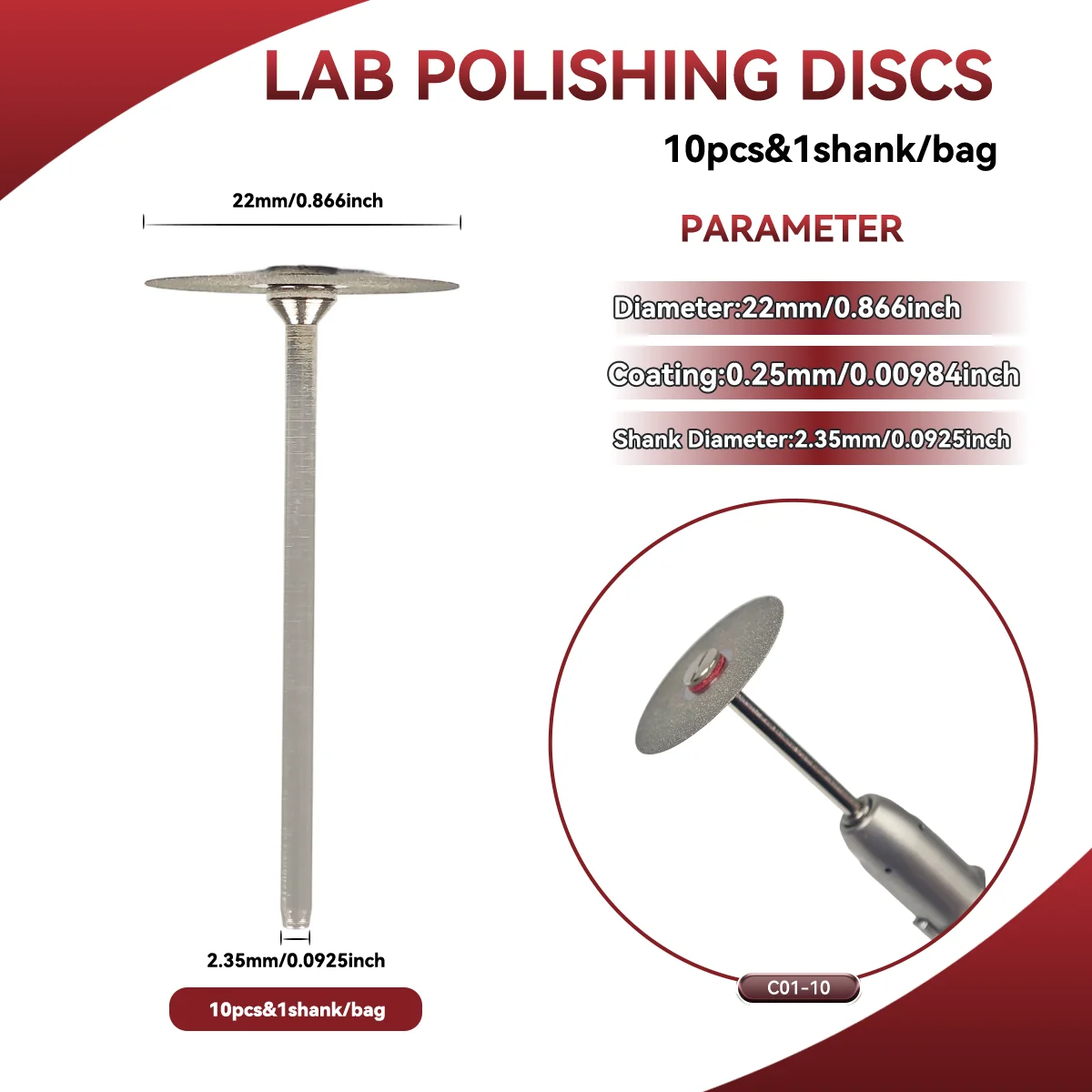 10pcs Dental Diamond Disc Disks 22mm with 1pc Mandrel Double Sided Thickness 0.25mm Lab Cutting Plaster Gypsum Separating Crown