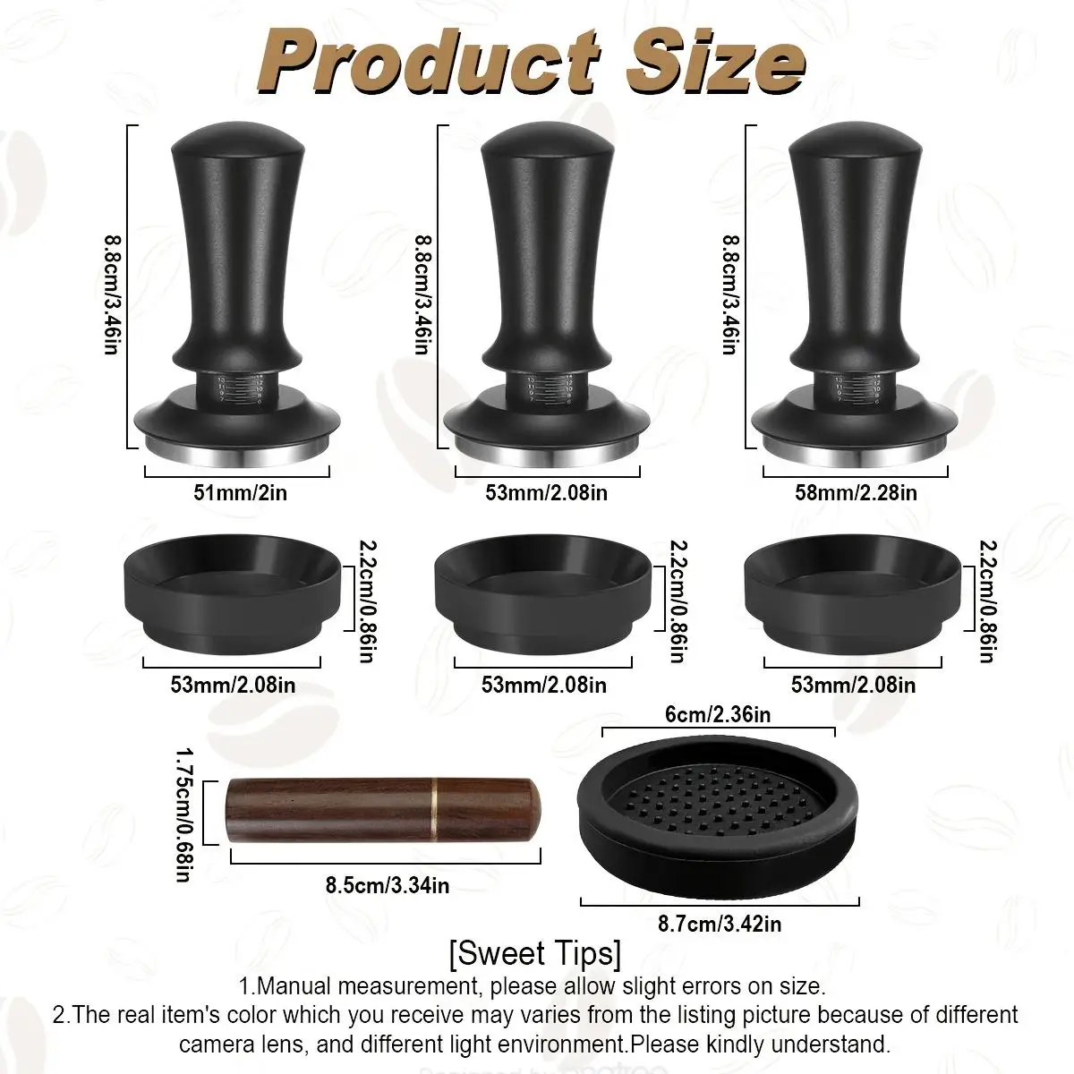 51/53/58mm Espresso Accessories Kit, Spring‑Loaded Calibrated Tamper with WDT Tool, Dosing Funnel & Tamper Mat