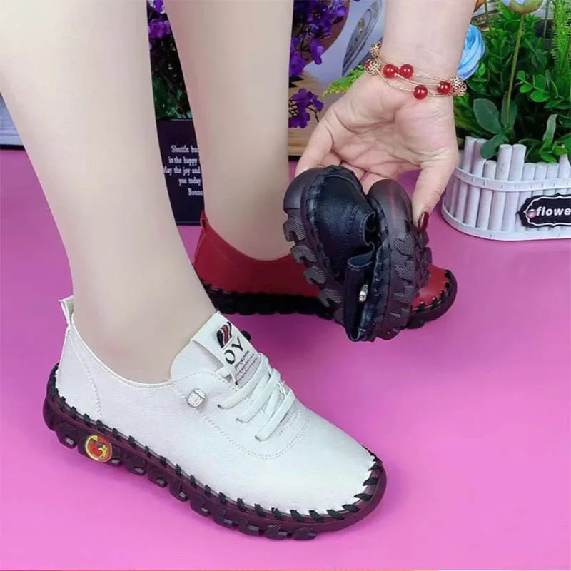 2022 Sneakers Women Shoes Platform Loafers Leather Flat Slip-On New Elderly Spring Casual Shoe Red Mujer Zapatos Chaussure Femme