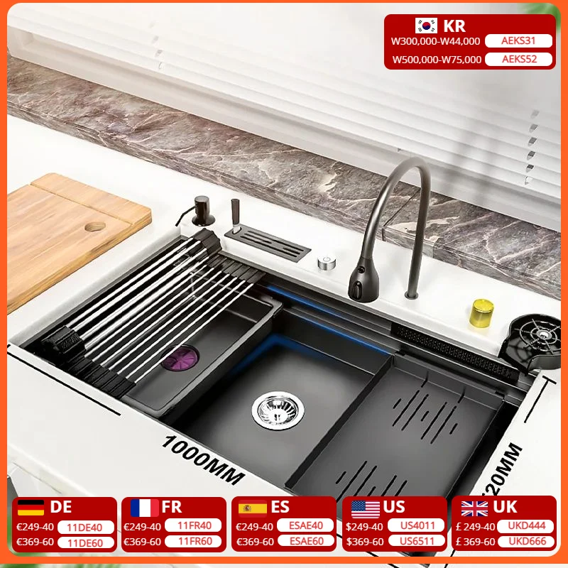 

Kitchen Sink 304 Stainless Steel Large Single Sink Modern Multi-Functional Sink With Waterfall Faucet Wash Basin Under the count