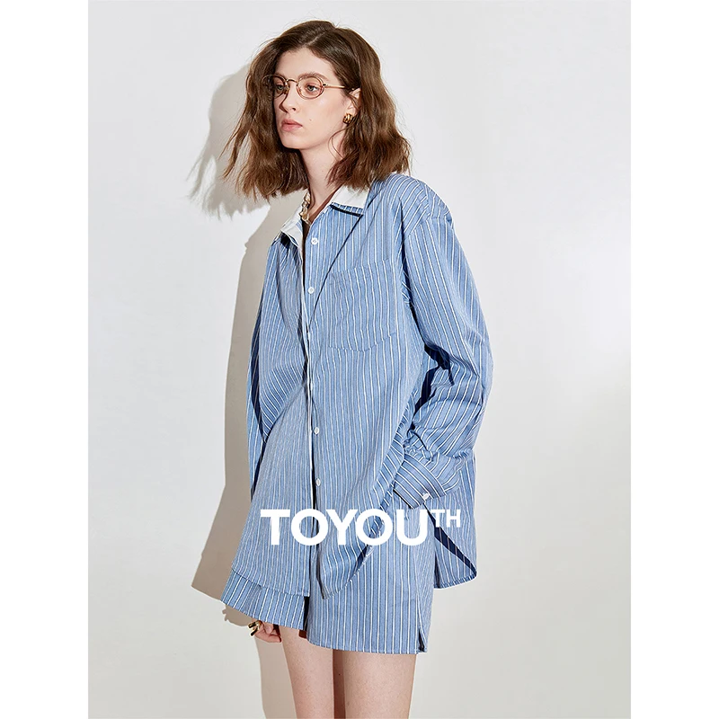 TOYOUTH Women Two Piece Sets 2025 Spring New Striped Turn Down Collar Shirt With Eleastic Waist Wide Leg Shorts
