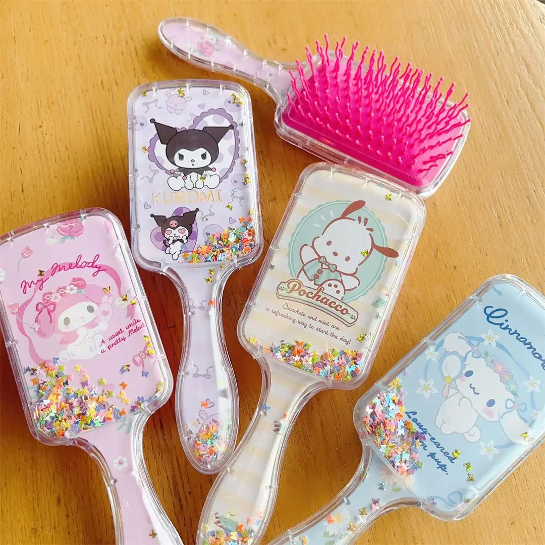 

Kawaii Productos Sanrio Hello Kitty Stuff Kuromi My Melody Square Shaker Curling Hair Comb Sequins Air Cushion Comb For Girls