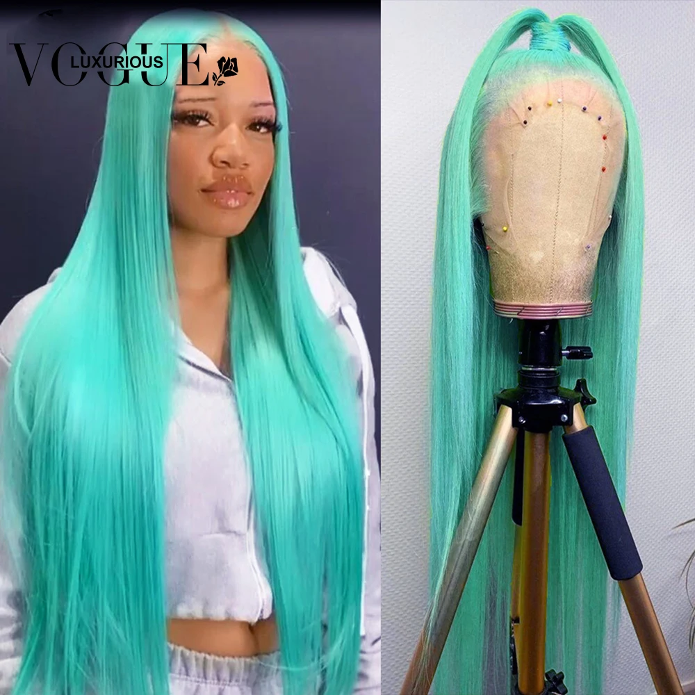 5X5 Lace Closure 13X4 Mint Green Colored Front Wis Straight Body Wave Human Hair Frontal Wig Natural Hairline For Woman On Sale