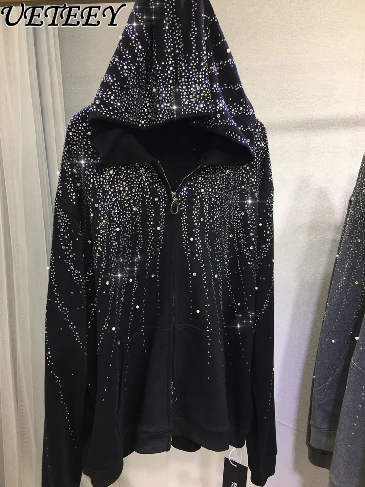 

Женская куртка с капюшоном на флисовой подкладке, сверхпрочная свободная утягивающая толстовка средней длины со стразами, хлопковая зимняя толстовка с длинными рукавами